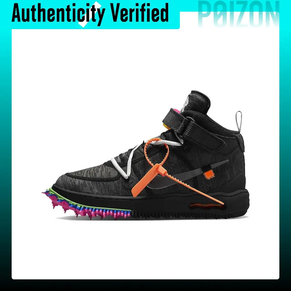 Zapatillas de skate OFF-WHITE X Nike Air Force 1, modelo unisex de caña media, en colores negro, gris, naranja y rosa, DO6290-001.