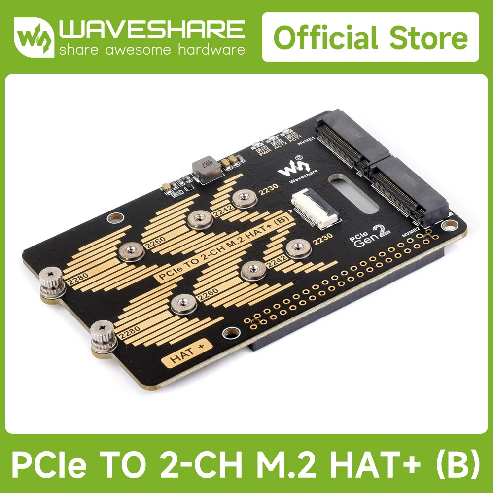 Адаптер Waveshare PCIe на 2-канальный M.2 типа B для Raspberry Pi 5, совместимый с твердотельным накопителем NVMe Protocol M.2 размера 2280/2260/2242/2230 Адаптер Waveshare PCIe на 2-канальный M.2 типа B для Raspberry Pi 5, совместимый с твердотельным накопителем NVMe Protocol M.2 размера 2280/2260/2242/2230