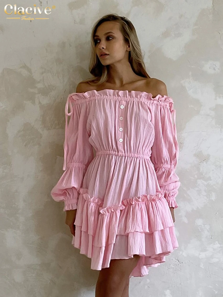 

Clacive Fashion Loose Pink Cotton Women's Dress Sexy Slash Neck Long Sleeve Mini Dresses Elegant Classic High Waist Female Dress