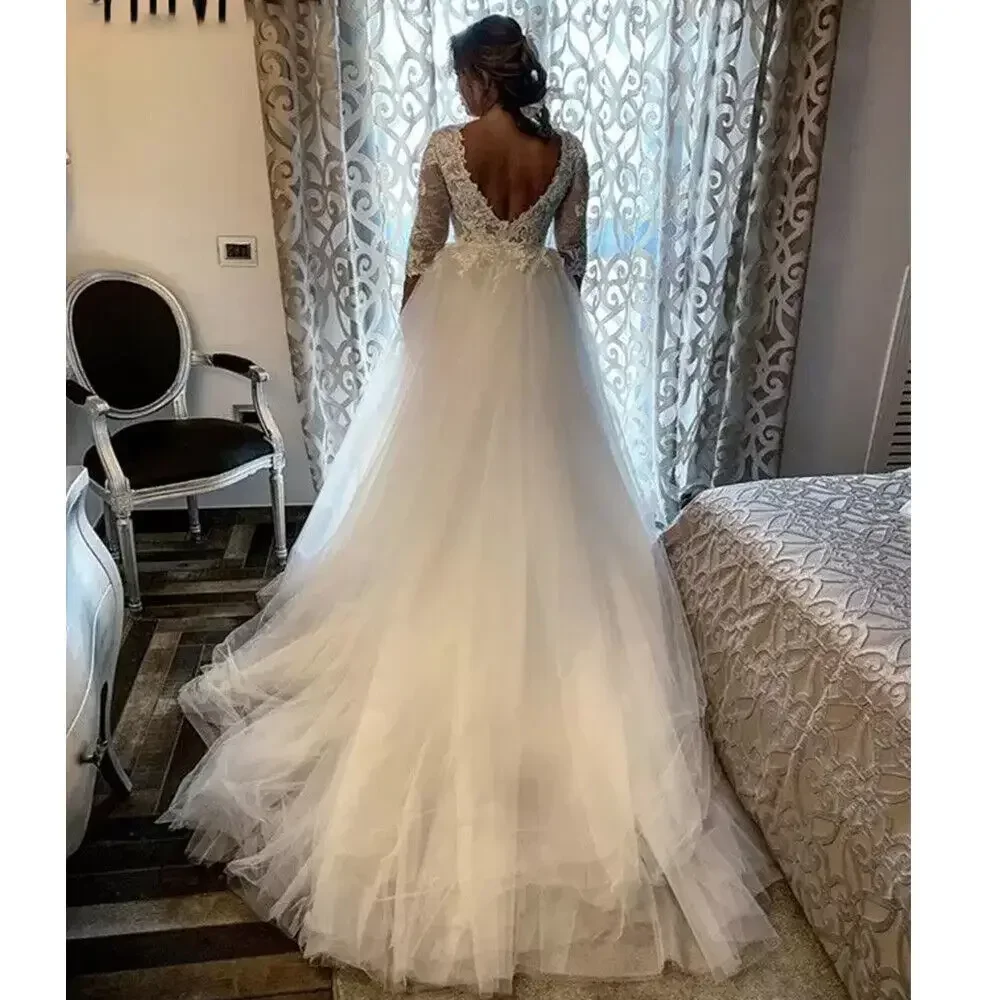 Vestido De novia Vintage con apliques De encaje y escote en V profundo personalizado, vestido De novia De sirena De talla grande con mangas largas 3/4