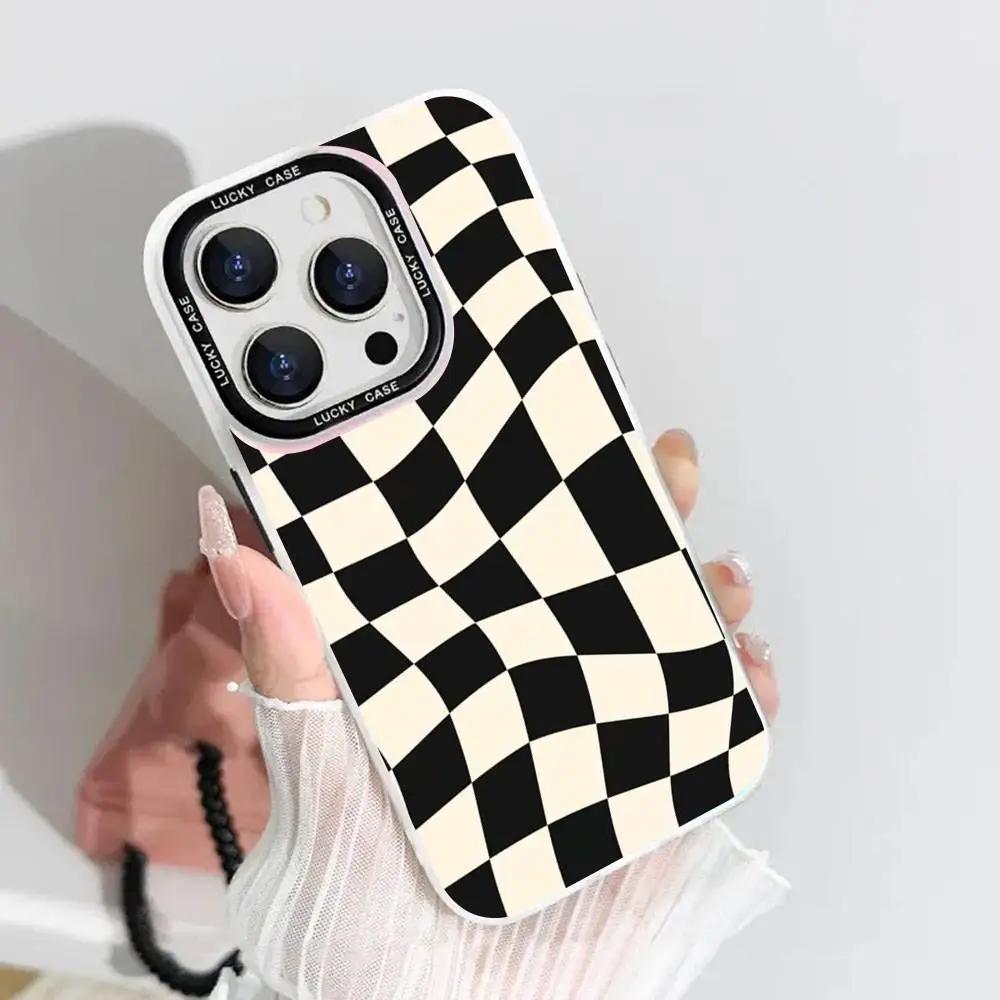 

1pc Checkerboard Checked Chess Board Phone Case Laser IMD Color Silver Shell For IPhone 17 16 15 14 13 12 11 Air Pro Max Plus