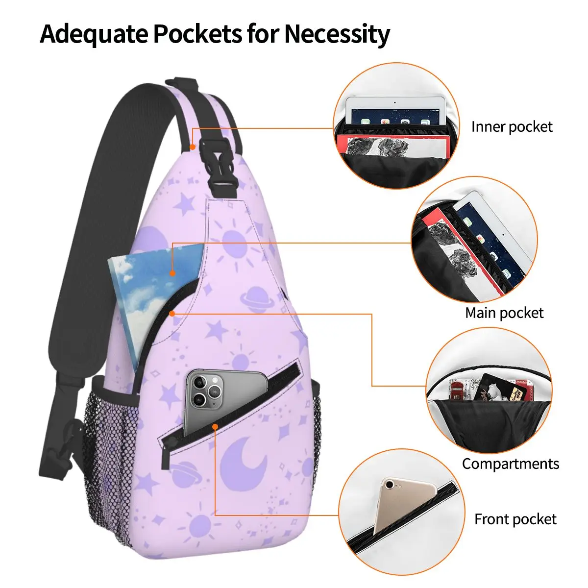 Purple Pink Sky Chest Bag Men Sling Crossbody Backpack Chest Bag Travel Hiking Daypack Shoulder Bag