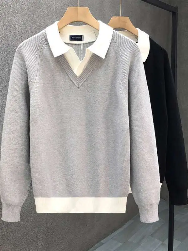 

Новый мужской вязаный свитер с воротником-стойкой, имитация двухслойной одежды, базовый слой из полиэфирного волокна, длинный рукав, теплый, для повседневной носки