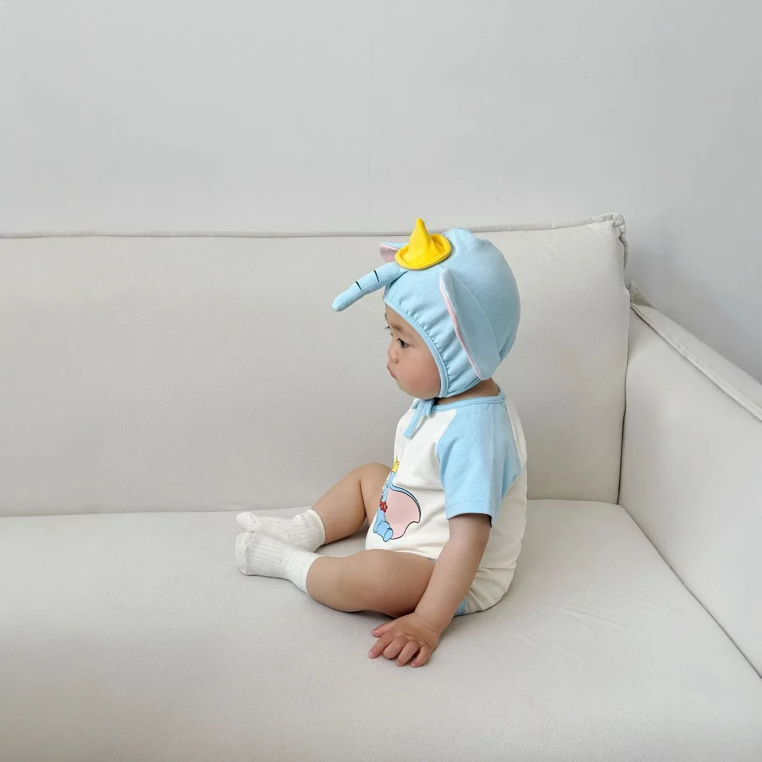 Onesie Bayi Gambar Gajah 3D dengan Set Topi Baju Monyet Lengan Pendek Pakaian Bodysuit Bayi Baru Lahir Pakaian Musim Panas Kostum Hewan Lucu