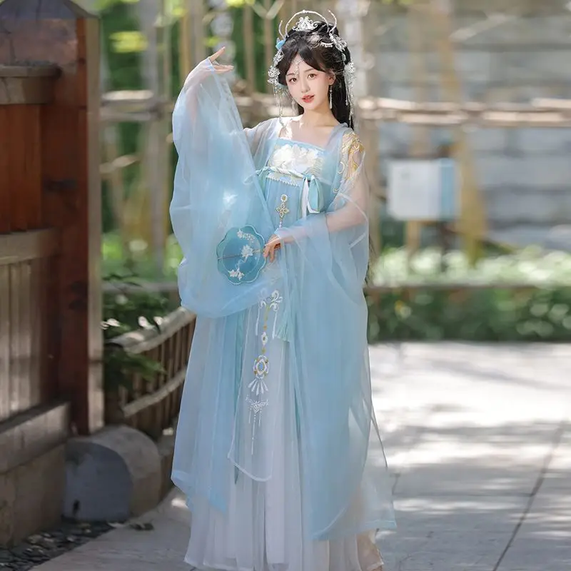 Hanfu azul Vintage para mujer, vestido de baile de escenario tradicional chino, conjunto de disfraz de Hada de princesa elegante, trajes femeninos