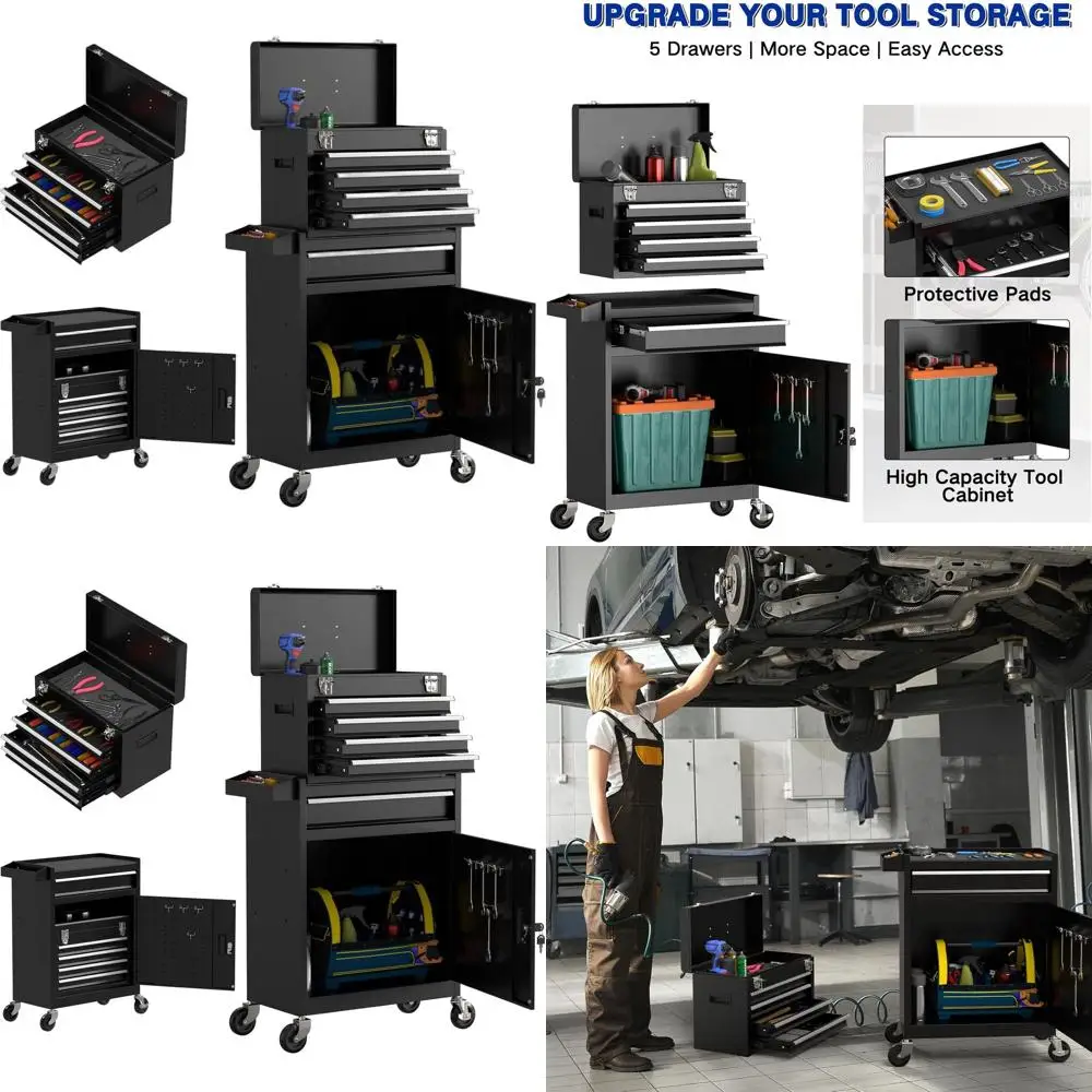 

Portable 5-Drawer Tool Chest with Lockable Wheels and Detachable Top for Workshop Use (Black)