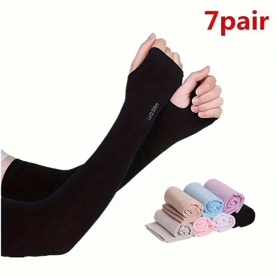 

7 Pairs Women's Ice Silk Sunshade Sleeves Summer Elastic Half Finger Arm Gloves Outdoor Cycling UV Protection Cool Thin