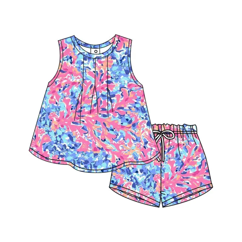 Summer Tropical Flower Floral Baby Girls Sleeveless Shorts Outfits New Design Sister Matches Wholesale Baby Clothes 2 Piece Set