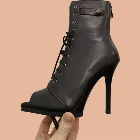 Customizable women's stiletto hollow short boots lace-up JAZZ Women Black High Heels jazz dance shoes large size 34-43
