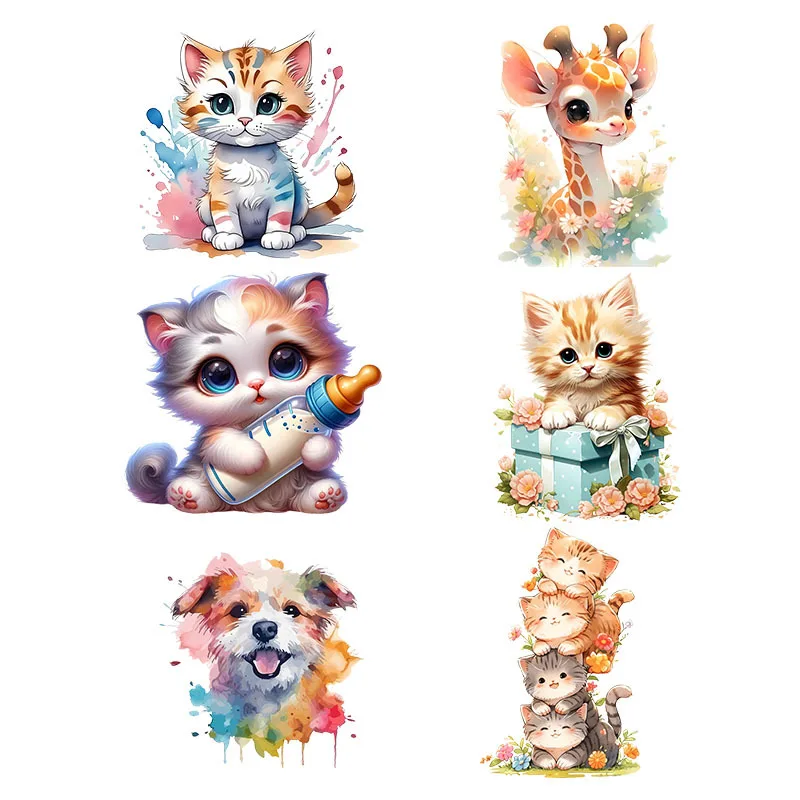 Cute little kitten DTF Iron On Patches DIY baby T-shirt hoodie decorated with colorful cat and giraffe heat transfer stickers