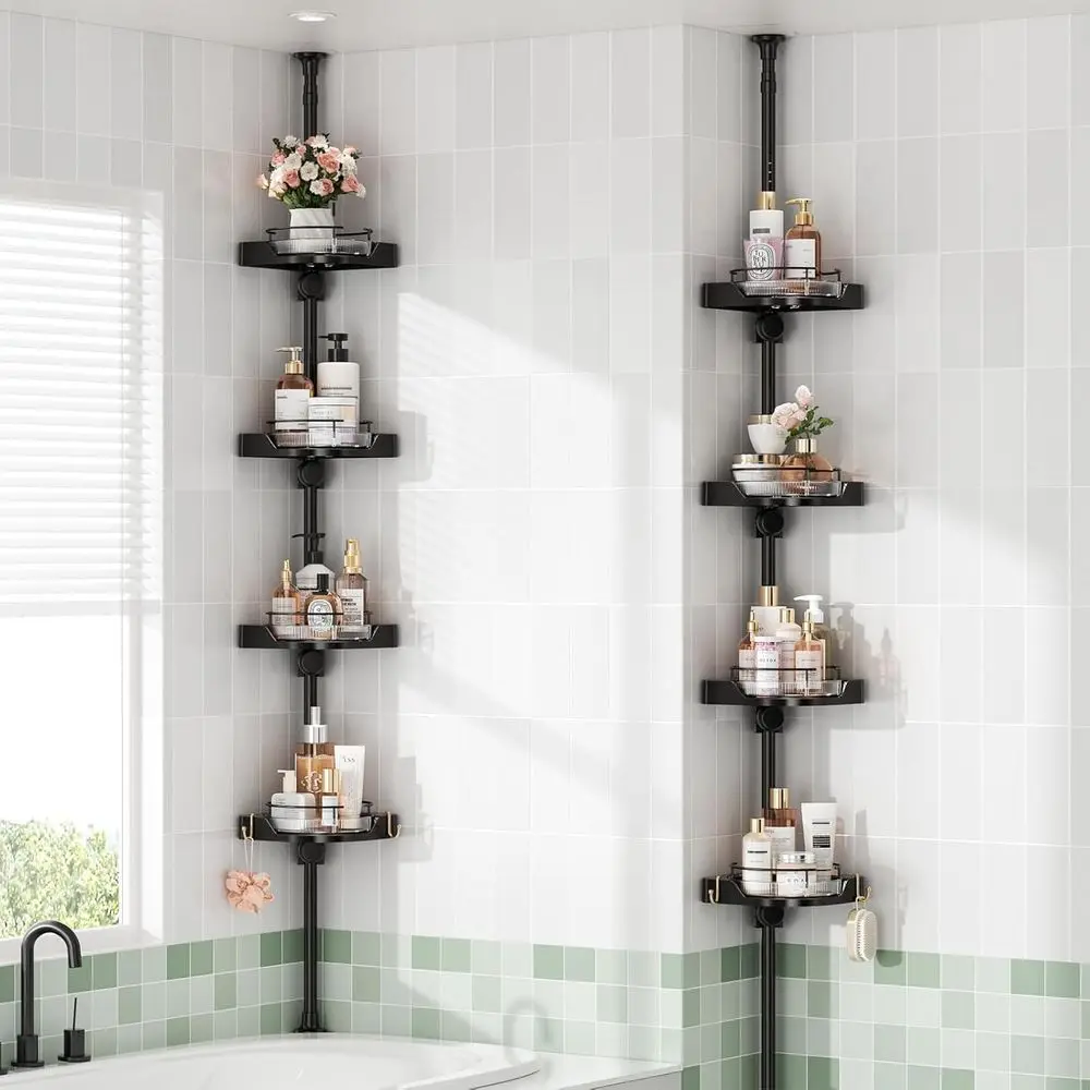 

Adjustable 4-Tier Tension Pole Shower Caddy - Rustproof Metal, Plastic Shelves with Safety Rail, Black Bathroom Organizer