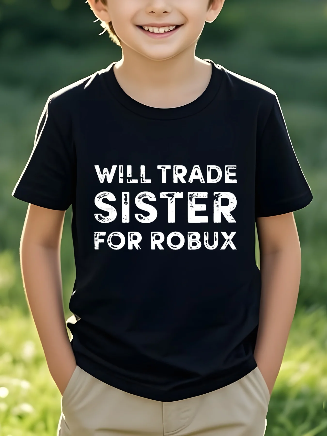 

Новое поступление 2024, футболка с рисунком для мальчиков — «WILL TRADE SISTER for ROBUX», юмористический принт, мягкий быстросохнущий полиэстер, влаго-вики