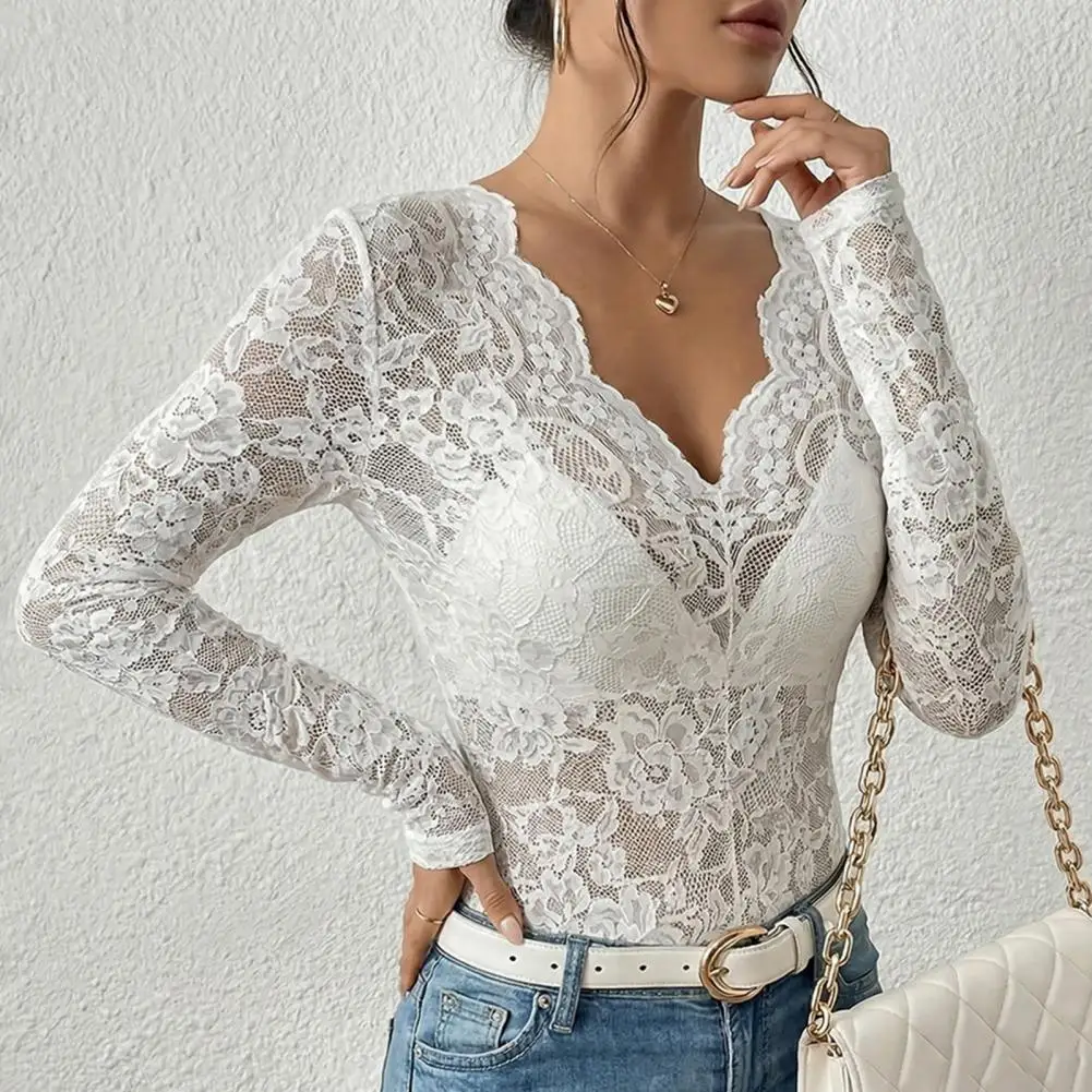 

Женская блузка с V-образным вырезом, длинным рукавом, повседневная, с ажурной вышивкой, кружевная, однотонная, приталенная, с сетчатыми вставками