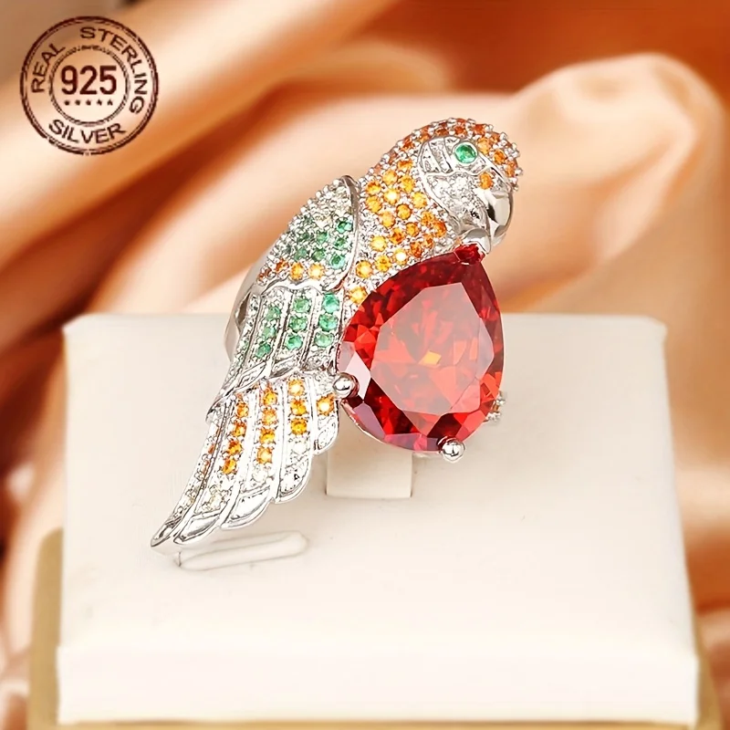 

Temperament Fashion Shiny Blue Diamond Water Drop Zircon Big Beak Parrot Bird Personality 925 Silver Ring Girl Party Gift