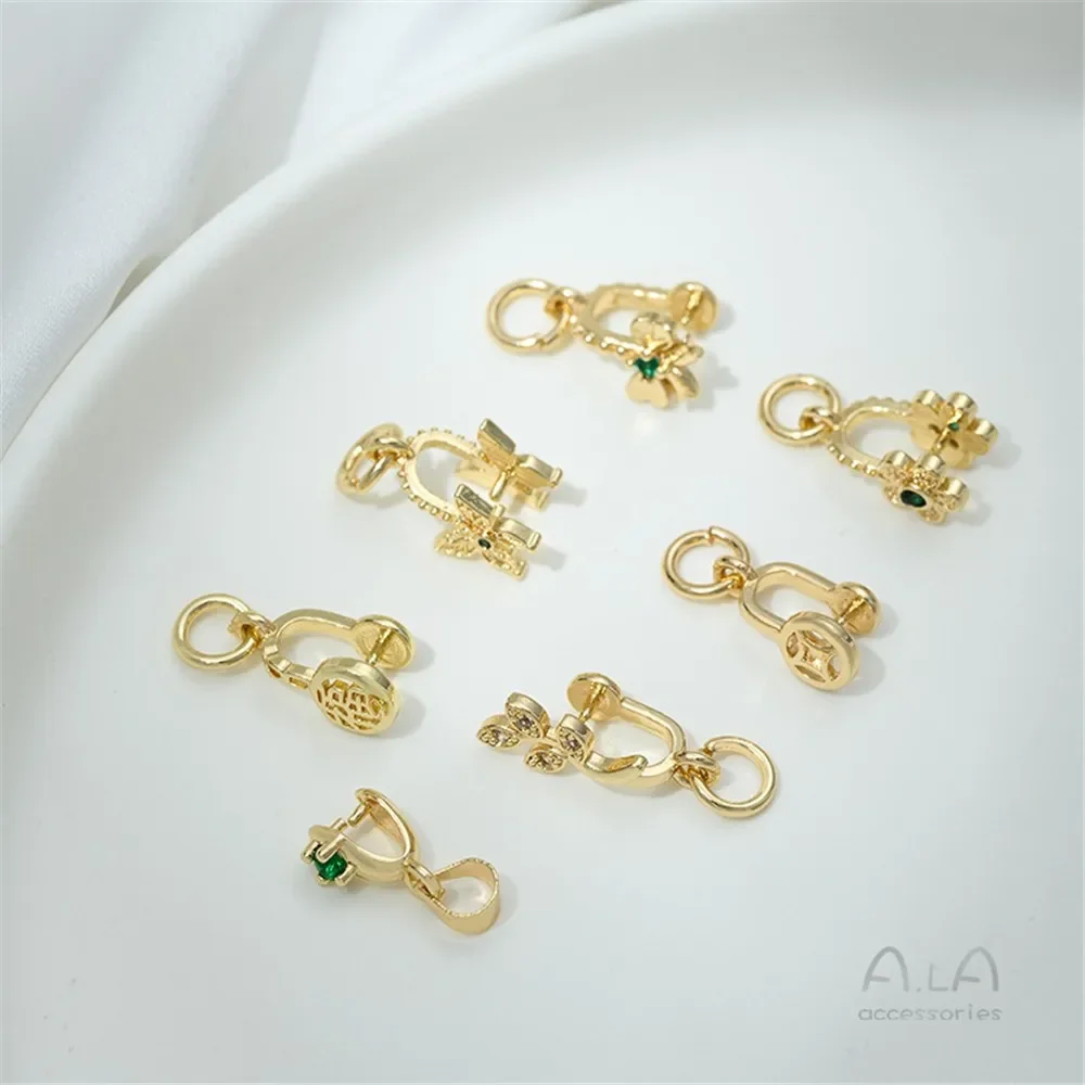 

14K Gold Green Zirconium Melon Seed Buckle Fu Character Copper Wire Leaf Butterfly Safety Pendant Buckle DIY Jewelry Accessories