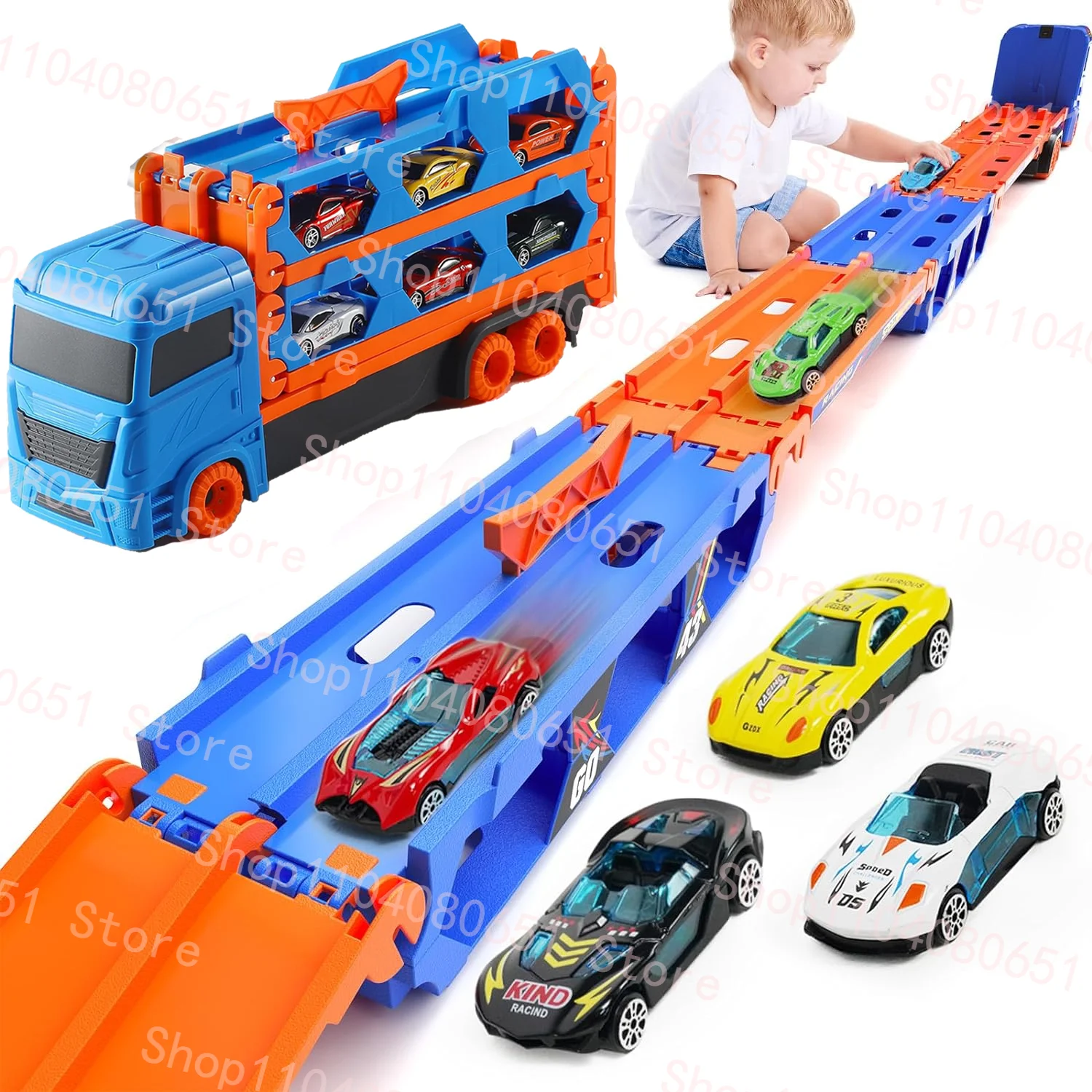 Transport Truck Toy 65-Inch Foldable Toddler Car Carrier for Boy Girl 9 in 1 Race Track and Die-Cast Truck Race Car Gift Vehicle