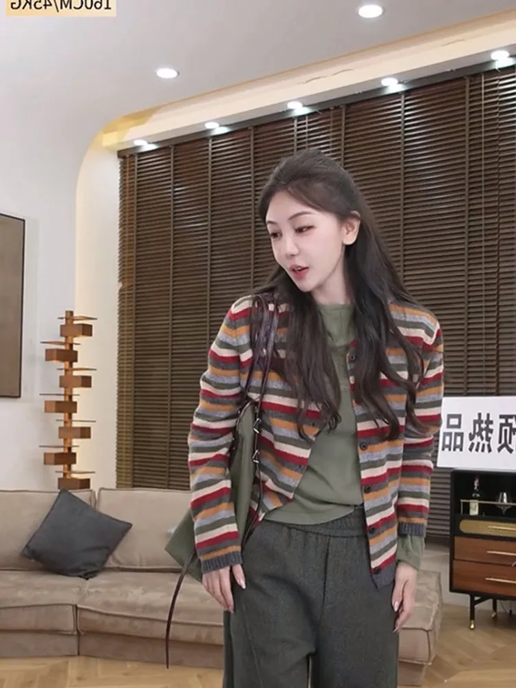 레트로 컬러 블로 스트라이프 니트 울 롱 스웨트 캐주얼 아우터웨어 패셔너블 레이지 슬레 여성용 카디건