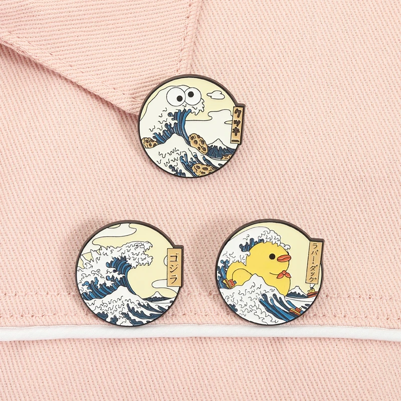 Emaille-Anstecknadel „The Great Wave off Kanagawa“, Ukiyo-e 36, Ansichten der Berg Fuji, Cartoon-Ente, Broschen, Anstecknadel, Schmuck, Geschenk für Freunde