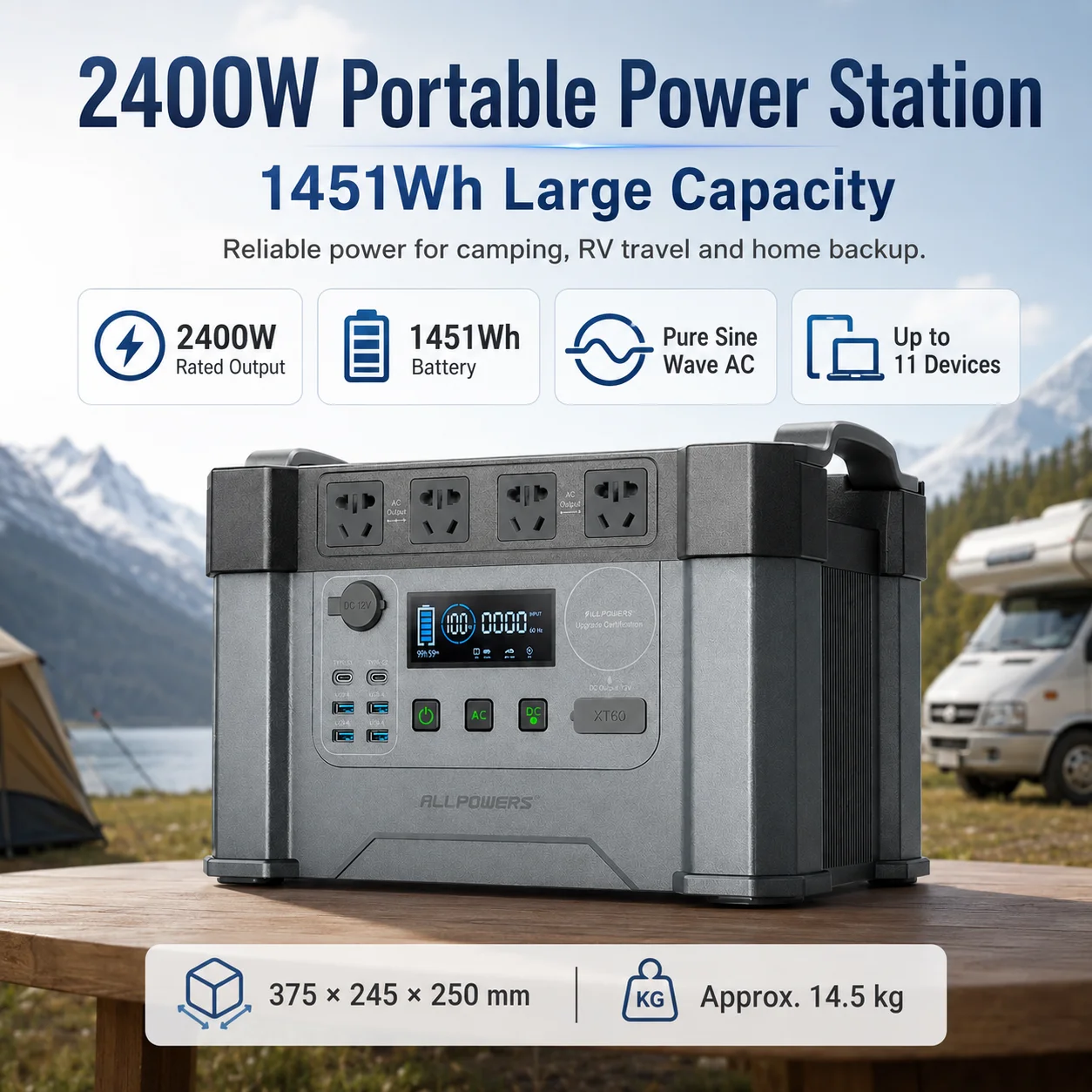 Portable Power Station 1451Wh 2400W Solar Generator Outdoor Battery Backup with Pure Sine Wave AC Output for Camping RV Emergenc