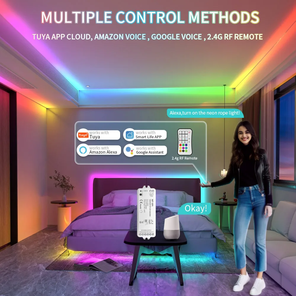 Tuya SPI RGB/RGBW Pixels LED Controller WIFI 2.4GHz RF Remote Alexa Google ECHO For WS2811 WS2812B WS2815 RGB SK6812 LED Strip