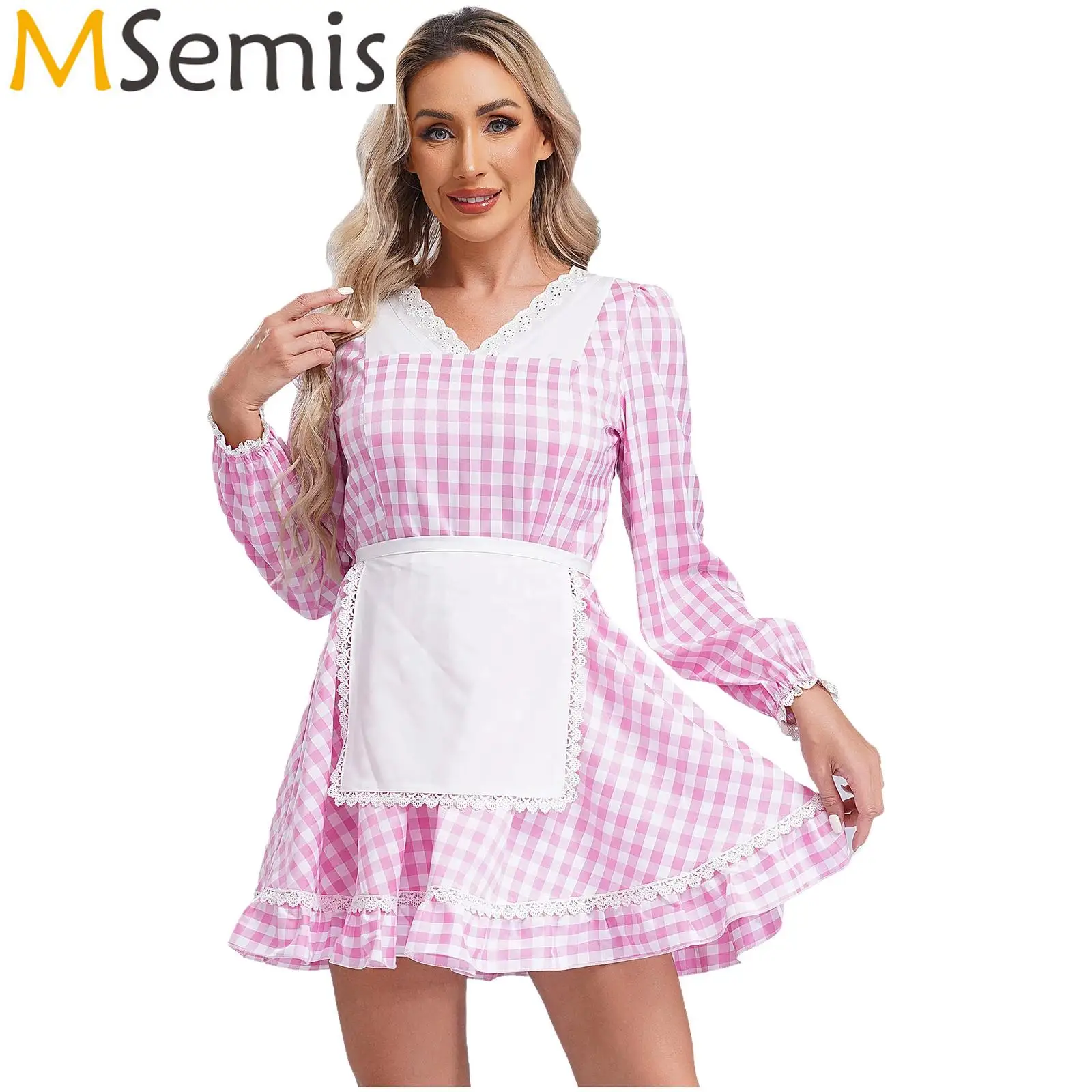 Womens Margot Robbie Movie Cosplay Doll Costume French Maid Dress with Apron V Neck Lace Trim Gingham Anime Servant Maid Dress