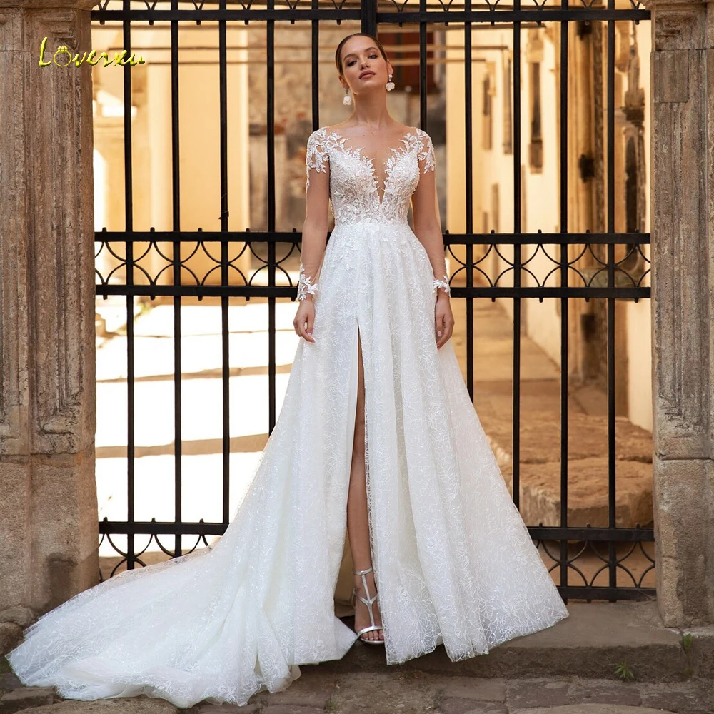 Loverxu-vestidos De Novia elegantes De corte en A, Vestido De Novia De manga larga con escote en forma De corazón, Vestido De Novia hecho a medida con lentejuelas y purpurina