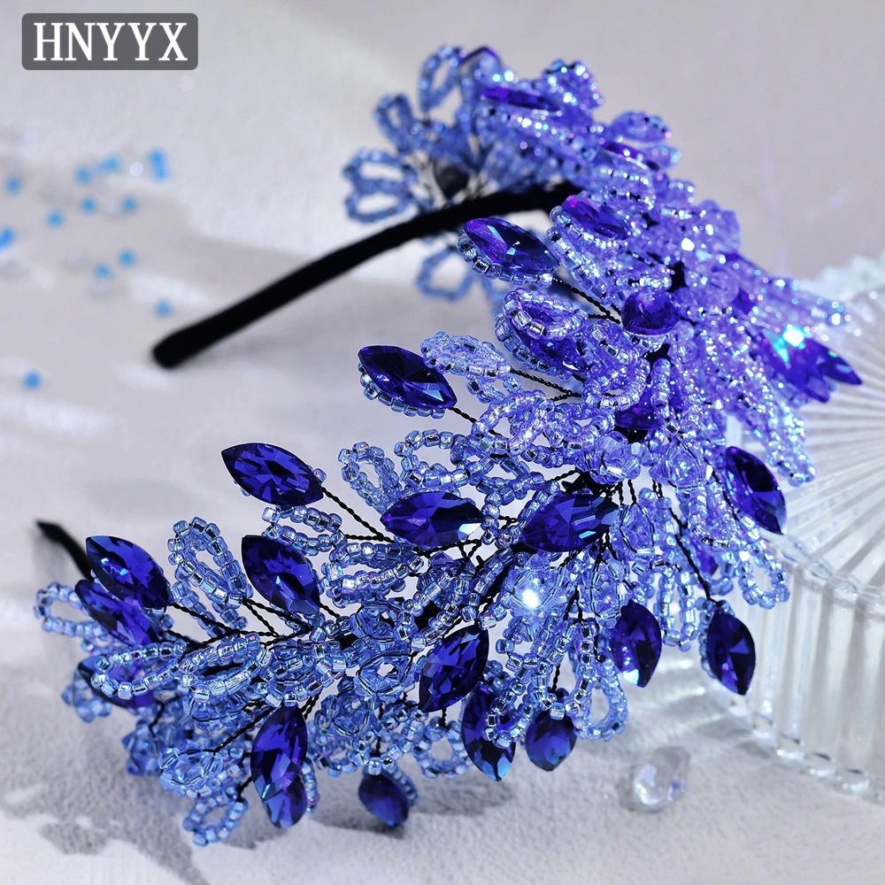 

HNYYX Retro Rhinestone Beaded Hair Accessories Women Girls Crystal Head Hoop Leaf Shape Wedding Bridal Broad Headband A165 Blue