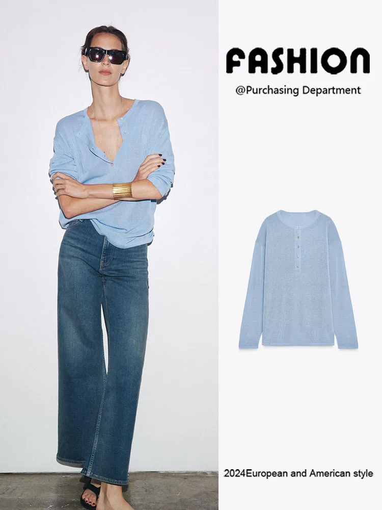 

Новинка лета 2025, женский вязаный длинный све, круглый трикотаж с плоской иглами, универсальный свободный крой на пуговицах, европейский женский трикотаж...