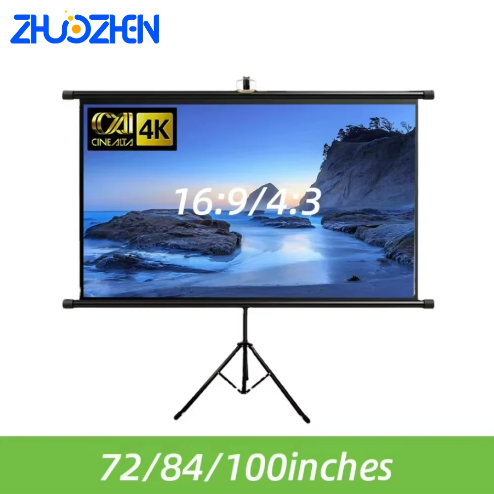 Zhuozhen Portable Movable Screen With 74/84/100 Inch 16:9/4:3 for Smart Home Outdoor Office School 4K Adjustable Bracket Length