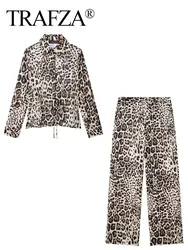 TRAFZA Leopard Print Blouse Pant Sets For Women Fashion Vintage Lace Up Long Sleeve Shirt Loose Straight Trousers Sets Y2K TRAF