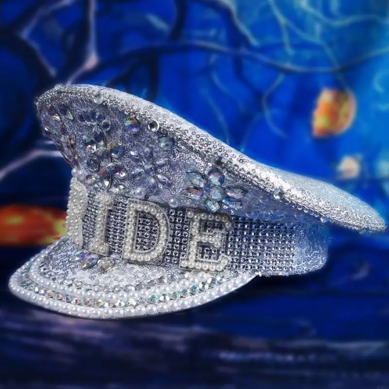 

P88A Hand Beaded Sequins Captain Hat Shimmering Crystal Hat for Bride Wedding Props Encrusted Layers Pearls Bride Costume