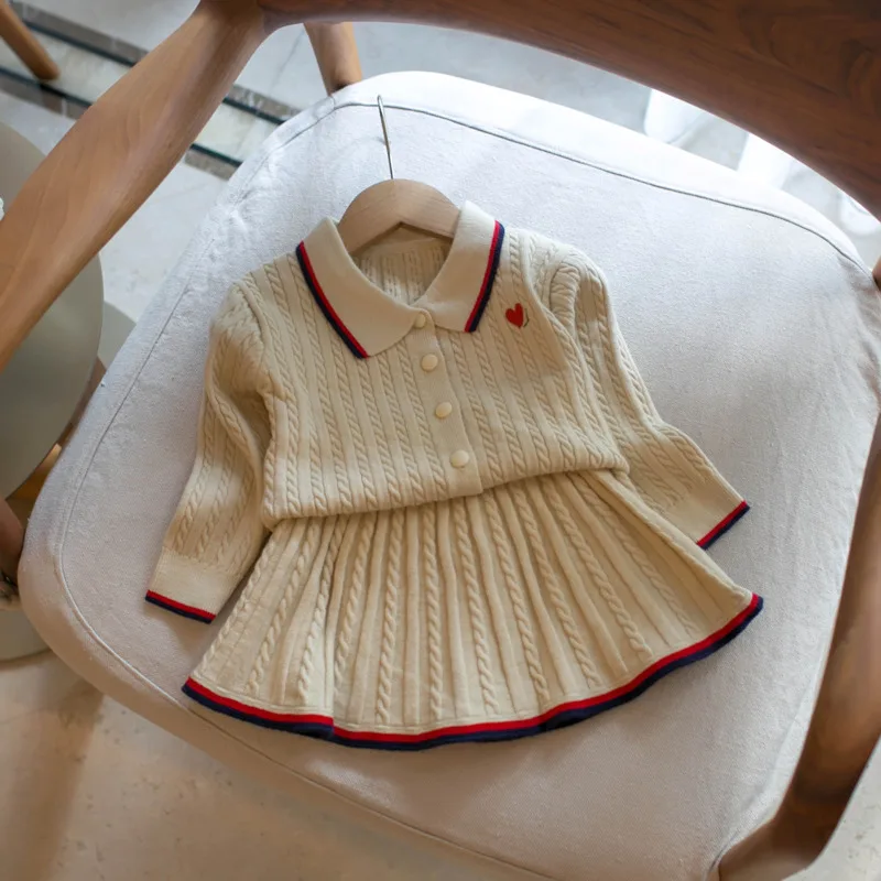 Girl Baby Toddler 2-6 Years Sweatshirt Skirt 2piece Set 26 Autumn Winter Preppy Style Turn-down Collar Cardigan Kid Outfit