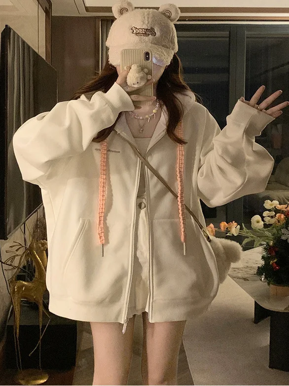 

Женская повседневная толстовка с капюшоном на молнии, с длинными рукавами, на флисовой подкладке, свободного кроя, в стиле кардигана, белая, осенне-зимняя, новинка