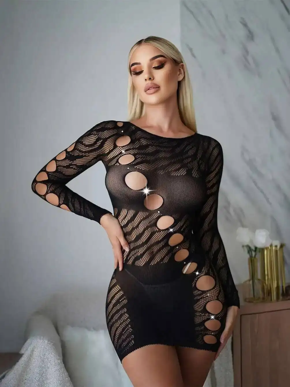 Vestido de manga larga con piedras brillantes y seducción a rayas, lencería erótica, vestido Sexy con puntos y diamantes envueltos en las nalgas G74M