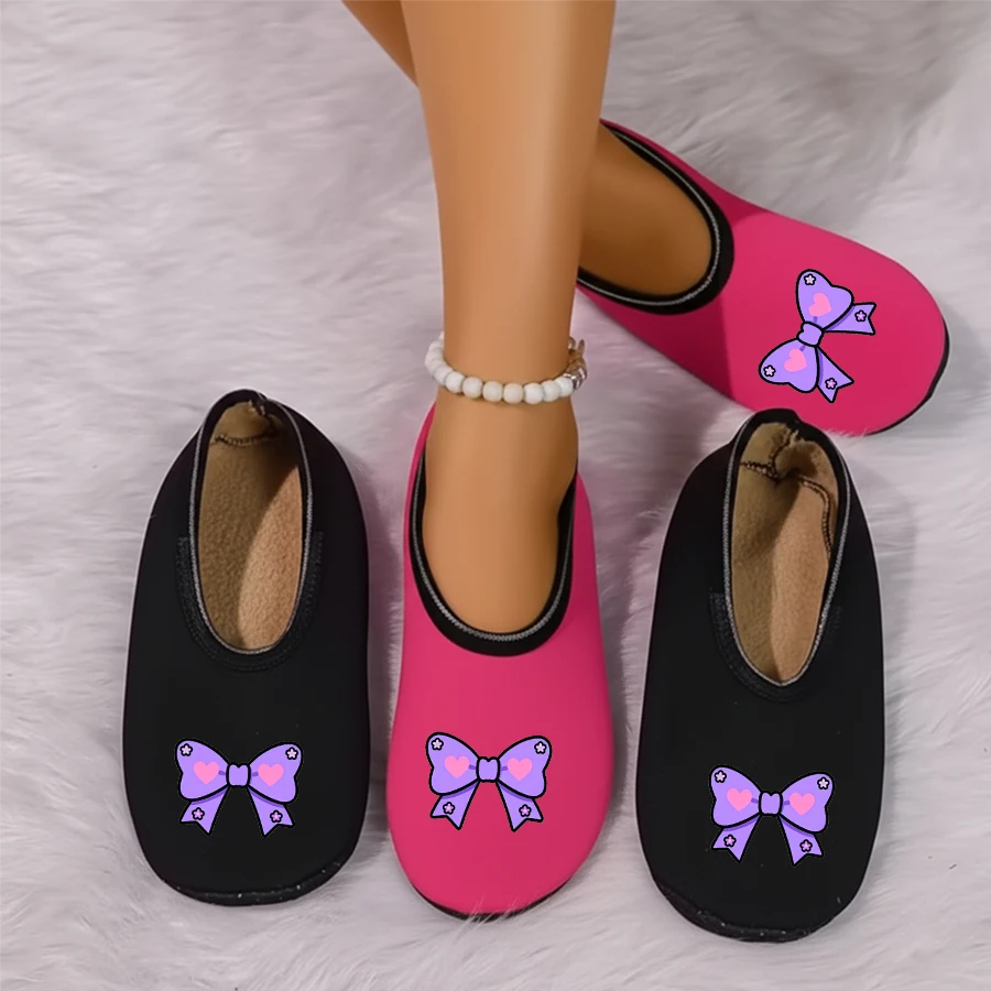 

Four season wearable women's cute purple bow print suede breathable high elasticity indoor floor slippers