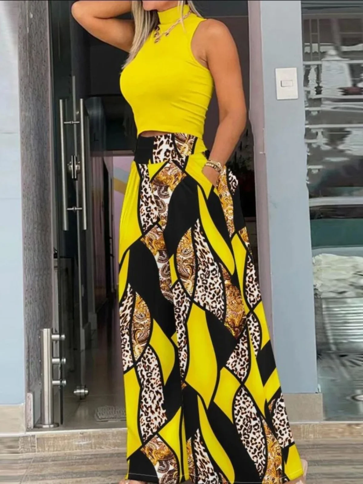 

Floral Print Vest Wide Leg Pants Set Women's Casual Sportswear Two-Piece Set round Neck Overhead Long Pants Four Seasons