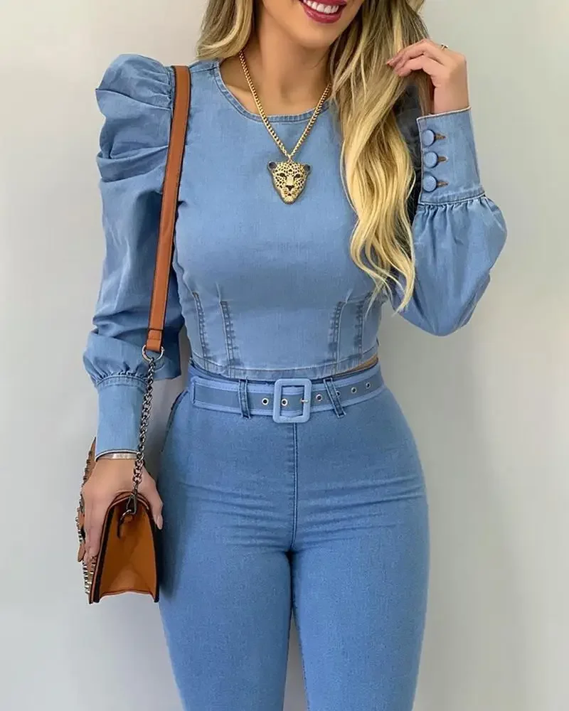 Denim Blue Women blouse Round Neck Puff Sleeve Corset Top Long Sleeve Shirt Sexy Tops Blouses Denim Top Shirt Sweetheart Slim