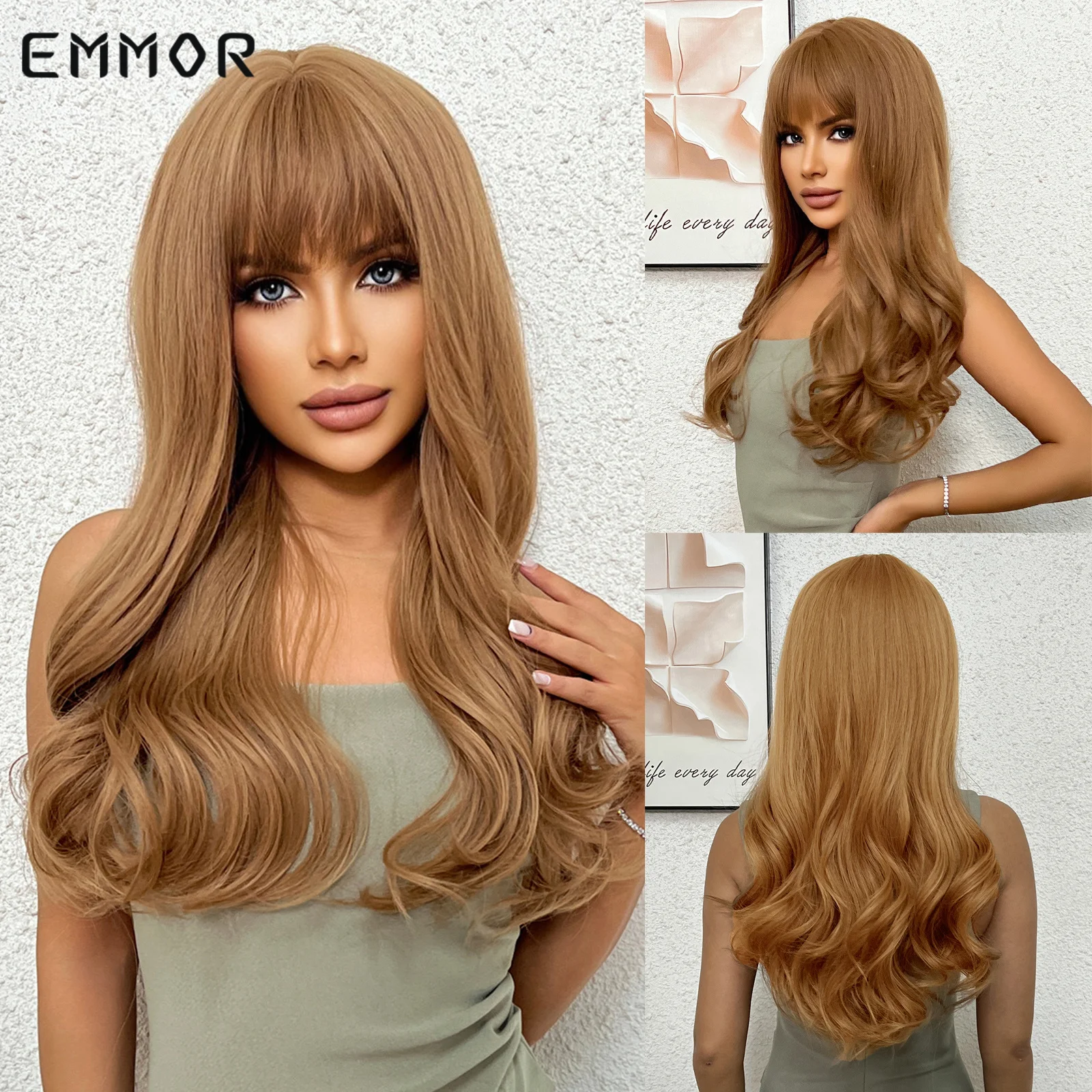 Emmor Copper Long Brown Wig Synthetic Wavy Wigs with Bangs for Women Halloween Cosplay Party Use Heat Resistant Fiber Hair Wig