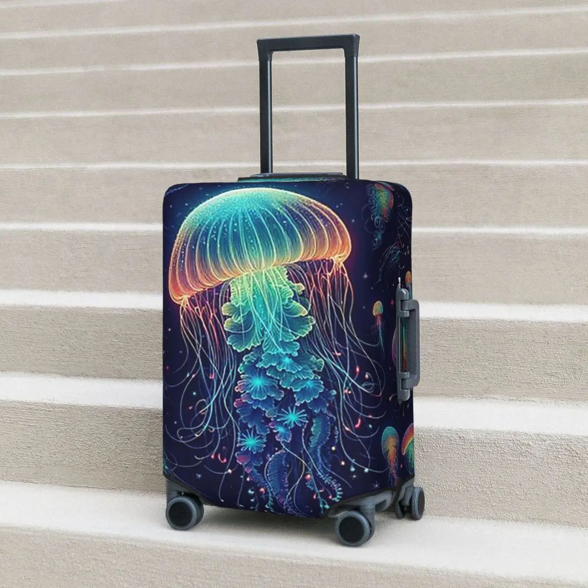 

Luminescent Rainbow Jellyfish On Navy Blue Suitcase Cover Protection Elastic Travel Luggage Protector Covers for 18-32 Inch
