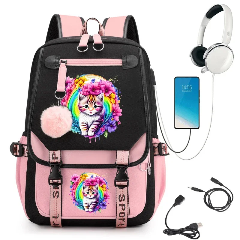 Mochila escolar Kawaii con estampado de gato Floral para niñas, bolsa de libros para estudiantes, adolescentes, portátil, Usb