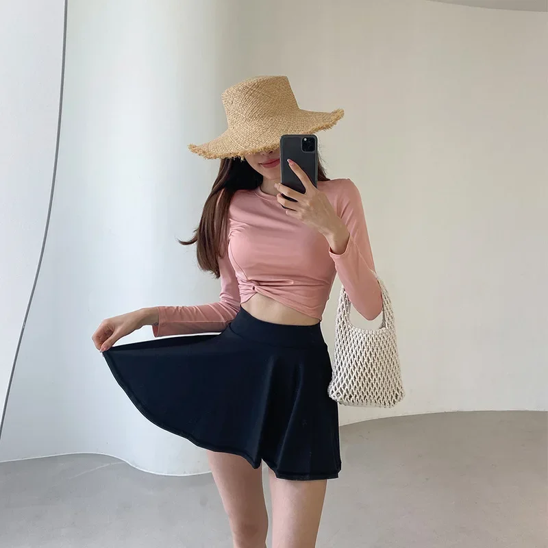 

2024 Women's Swimwear Female Swimsuit Long Sleeve Crop Top Padded Bathing Suits Girls Korean High Waist Bikini Skirts Beach Wear