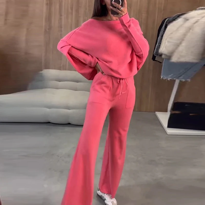 Women Solid Off Shoulder Blouse Tops&Drawstring Pants Suit Winter Long Sleeve Two Piece Outfits Elegant Loose 2024 Tracksuit