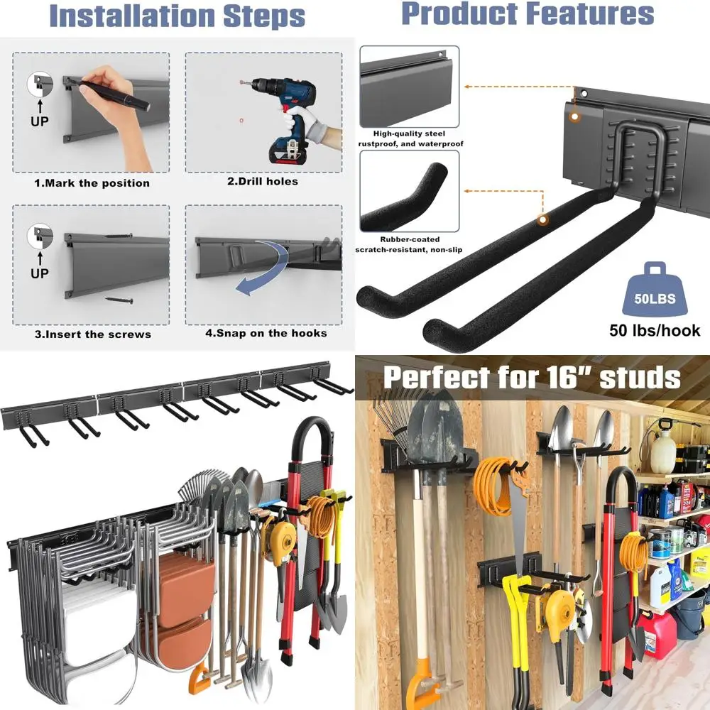 

Heavy-Duty Wall-Mounted Garden Tool Organizer, Folding Chair Storage Rack, Holds 400 lbs