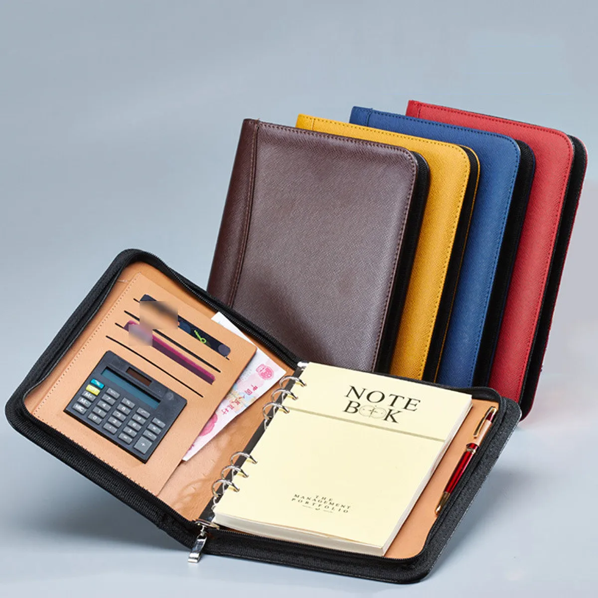Black PU A6 Zipper Notebook with Loose Leaf Pages, Calculator & Organizer for Office, Meeting, Travel