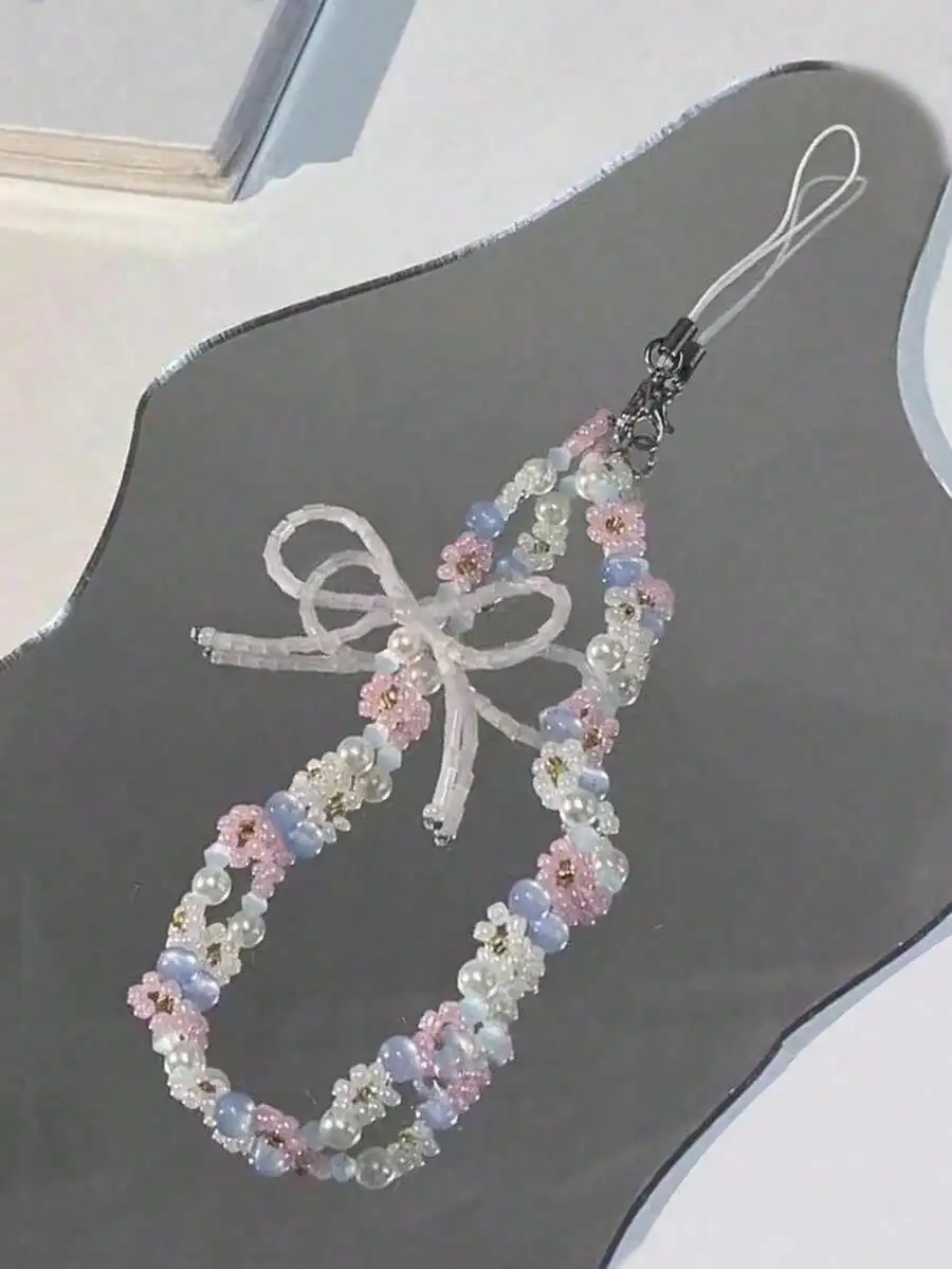

Handmade Pastel Pink & Blue Bow Beaded Phone Lanyard, Cute Girl Camera Charm, Sweet Phone Strap, Bow Beaded Wristlet Charm, Camera Accessory, Bag Charm Compatible With Android And Most Smartphone,Gifts For Mother, Family, Friends, Birthday