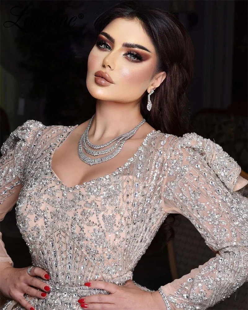 Dubai Design Glitter Crystals V Neck Champagne Evening Dresses Long Sleeves Formal Middle East Luxury Women Celebrity Prom Dress