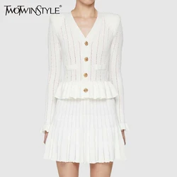 TWOTWINSTYLE Patchwork Button Two Piece Sets For Women V Neck Long Sleeve High Waist Solid Knitting Ruffles Dress Female Fashion