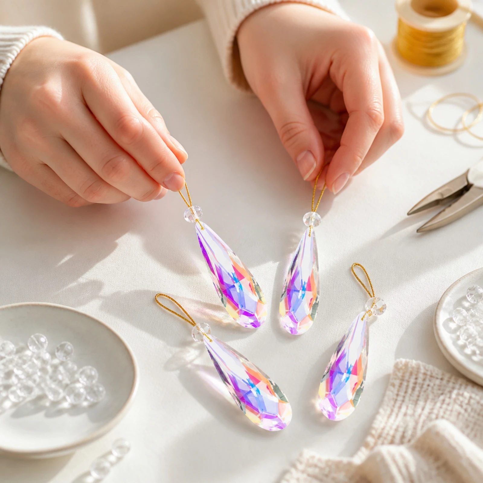 4 Pieces Faceted Teardrop Crystal Pendant Gold-Tone Faceted Glass Hanging Ornament DIY Crystal Tree Ornament Sparkling