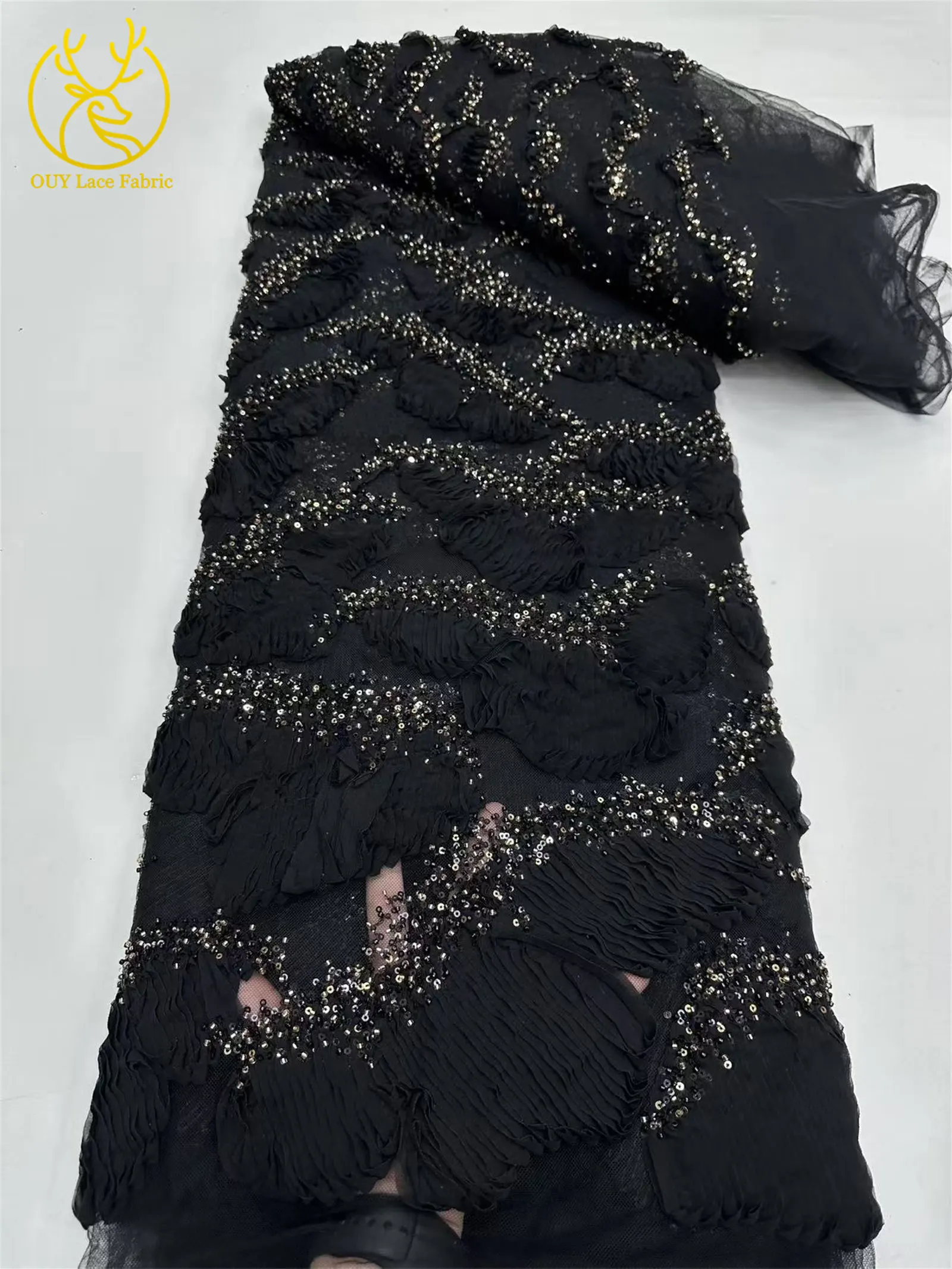 Африканская кружевная ткань с блестками и бисером 2025 Высокое качество 3D французского нигерийского свадебного платья Тюлевая кружевная ткань для свадебной вечеринки 5 ярдов
