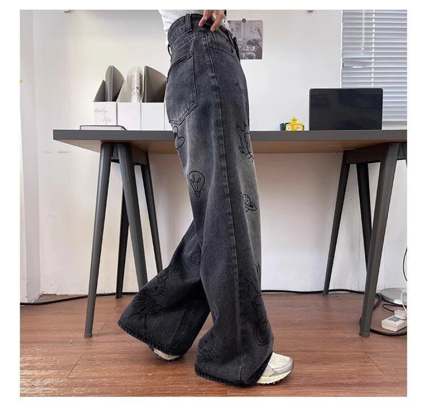 Vintage Cartoon Niedliche Gekritzel Y2k Jeans Amerikanische High Street Allgleiches Hosen für Frauen 2024 Frühling Sommer Neue Jeans Frauen